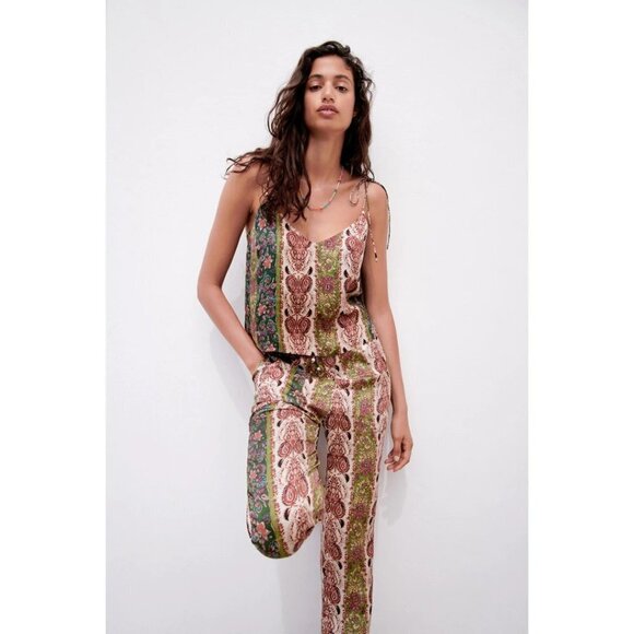 NWOT Zara floral print satin effect sleeveless self-tie strap cami top, XS - Picture 2 of 13